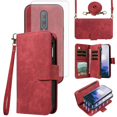 Asuwish Funda para teléfono OnePlus 7 Pro con cremallera, funda magnética desmontable con protector de pantalla de vidrio templado, cordón cruzado OnePlus7Pro 5G One Plus 1+7 1Plus OnePlus7 7Pro One+