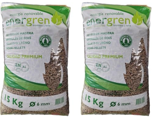 Pack 2 Unidades Saco de pellets de Madera 15kg. Certificado ENplus y Calidad A1. Ideal para chimeneas, Estufas o barbacoas. Diametro 6 mm. 100% Madera de Pino.