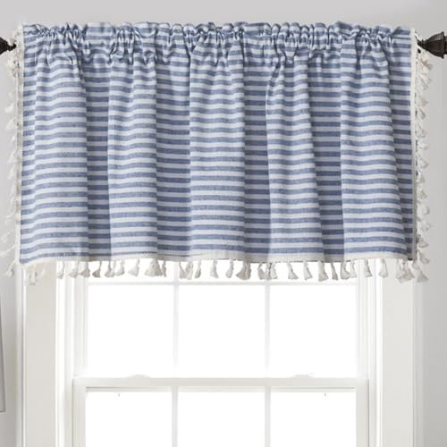 Dsnyu Scheibengardinen Quaste, Scheibengardinen Kurz Fenster Blau Baumwolle Kurzgardinen Gestreift mit Quaste 1 Stück B 150 x H 60cm