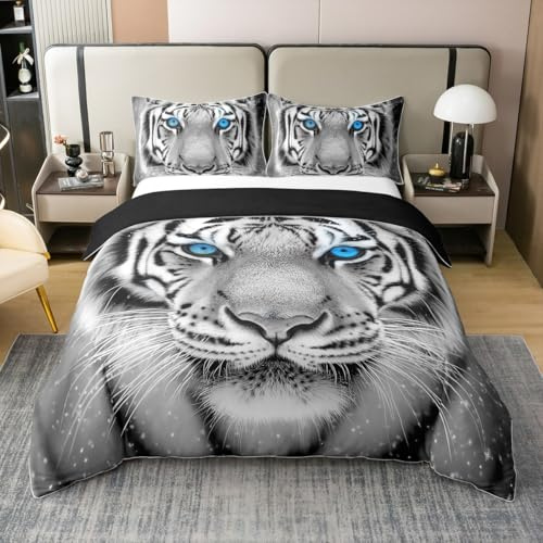 3D Tigre Coton Housse de Couette 240 x 260,Tigres Blancs Animaux Parure de Lit pour Lit,Chasse Tribale Safari Faune Douce Literie Set pour Enfants Adolescents,Grand Chat Animal Sauvage Couvre Lit