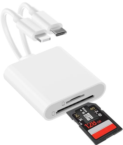 Lector de Tarjetas SD para iPhone, Lightning & USB C Adaptador Tarjeta SD con Doble Ranura, Adaptador de Tarjeta de Memoria para iPhone 15 14 13 /iPad/Mac/Cámara, Plug and Play