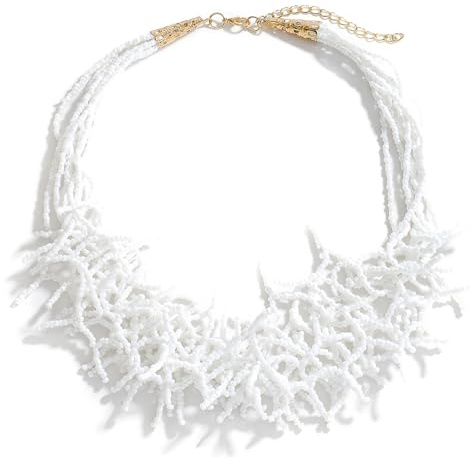 JNF Beach Shell Coral Beaded Necklace for Women Coastal Boho Statement Necklaces Beads Fringe Choker Collar Summer Jewelry (cross pearl)