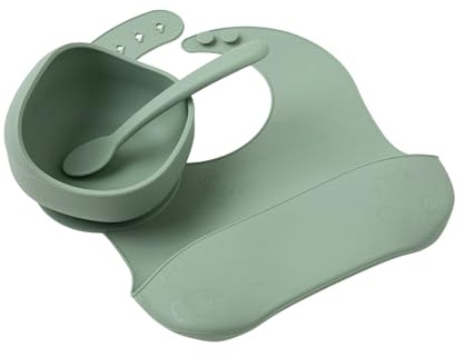 Muchmellow - Set Pappa Silicone MADE IN ITALY 3 pezzi, Ciotola con Ventosa Anticaduta, Cucchiaio, Bavaglino Regolabile, Svezzamento, Plastic Free, BPA Free, Lavabile Lavastoviglie (Verde)