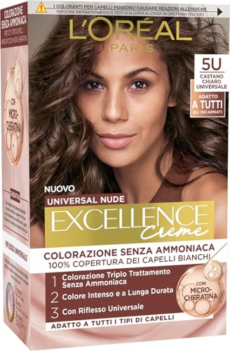 L’Oréal Paris Colorazione Permanente, Copertura dei Capelli Bianchi a Lungo, Risultato Naturale e Luminoso, Formula senza Ammoniaca, Excellence Universal Nude, Tonalità: Castano Chiaro (5U)