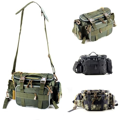 SPYMINNPOO Fishing Tackle Bag Organizer Taillenbeutel mit Abnehmbarem Teiler Mehrere Taschen Molle Gurting D Ringe für Angelköder Zubehör Im Freien Angler (Armeegrün)