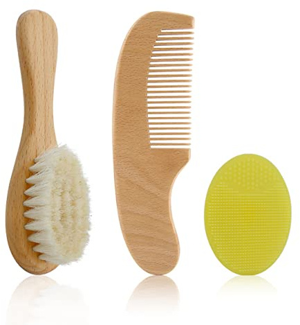 Holzhaarbürste und Kamm Set für Säuglinge, natürliche Wollborsten, Haarbürste, Baby-Körpermassage, beruhigende Reise, Baby-Haarkamm-Set und Bad