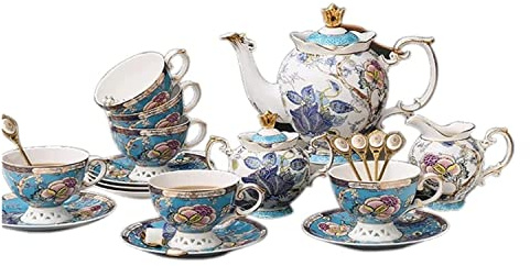Set da tè in porcellana, set da tè pomeridiano inglese con tazze in porcellana fine da 16 pezzi, set da caffè in ceramica europea, caffettiera, scatole regalo blu