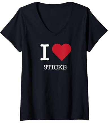 J'aime Les bâtonnets, J'adore Les bâtons T-Shirt avec Col en V, Femme, Noir, M