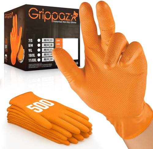 Nitrile Disposable Work Gloves Orange XXL 500 Pack Non Slip for Workshops | Extra robust textured film for oily and wet handling, powder free, latex free, suited to mechanics, industry, garages and DIY