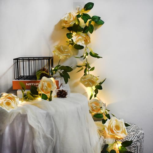 GUOCHENG Rose Garland Fairy Lights with Timer, Hanging Rose Vine LED String Light Battery Power Flower Garland Lights for Wedding Party Home Indoor Decorations (Champagne)
