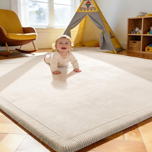 Treeboy spielteppich Kinder spielmatte krabbelteppich 200x280x2cm beige | krabbeldecke Baby play crawling mat für Kinderzimmer mit hochwertigem Memory-Schaum Rutschfester Unterseite Kinderteppich