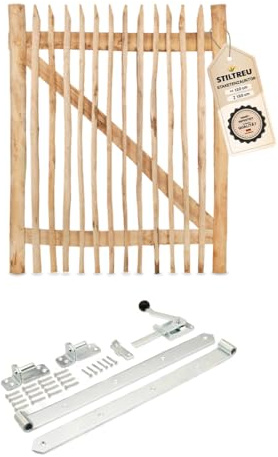 STILTREU Classic Staketenzaun-Tor Set (silber) aus Edelkastanie (Breite 120 cm x Höhe 150 cm)