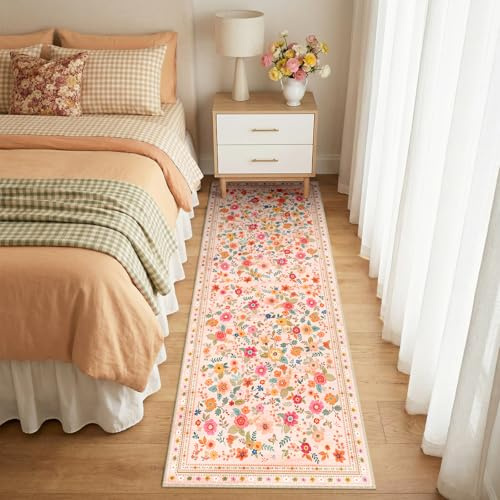 INOVADAY Waschbarer Teppich 60x180 cm Boho Stil Kurzflor rutschfest Blumen Print Design Teppich für Küche Flur Schlafzimmer Eingangshalle Badezimmer Rosa/Beige