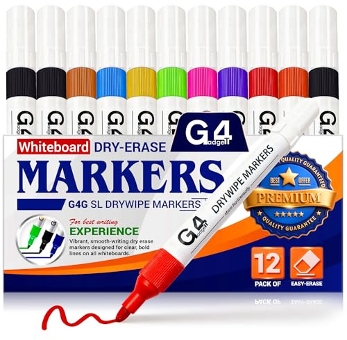 G4GADGET 12 Pack Whiteboard Pens, Dry Wipe Markers Bullet Tip, Assorted Colourful White Board Markers Erasable, Low Odour Marker Pens for School Supplies, Office, Home & Classroom