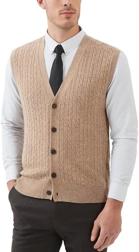 Kallspin Maglione Cardigan da Uomo con Scollo a V e Lavorazione a Cavo con Bottoni in Misto Lana（caffè，XL）