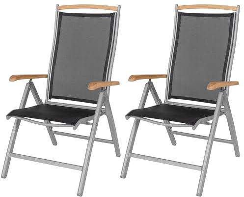 ib style Gartenstuhl 2er Set Diplomat - Klappstuhl, Hochlehner, Aluminium, Teakholz Armlehnen, 7-Fach verstellbar, Rostfrei, Vormontiert, 150 kg belastbar, Silber