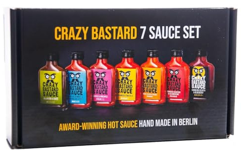 Crazy B Sauce 7er Bundle mild bis extrem scharf 7x100 ml | 7 Flaschen à 100 ml, Chilisaucen von mild bis extrem scharf, Geschenkset für Griller und Chili-Fans, zum Probieren