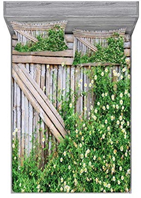 Ambesonne Rural Fitted Sheet & Pillow Sham Set, Rustic Grunge Look Wooden Fence with Blooms Backyard Look Picture Print, Decorative Printed 2 Piece Bedding Decor Set, Full, Pale Brown and Green