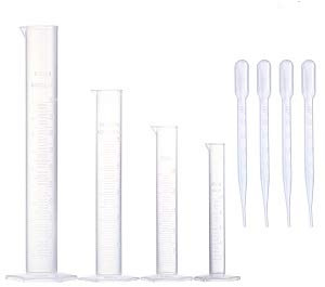 Yizerel Measuring Cylinder Set, 4 Sizes Graduated Polypropylene Lab Test Tubes in 100 ml, 50 ml, 25 ml, 10 ml for Laboratory, Science Experiments with 4 Plastic Droppers in 3 ml