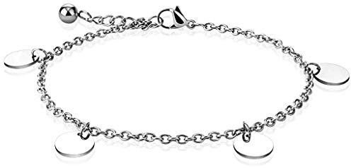 Paula & Fritz® Armband Damen Silber Runde Platte Charm Anhänger 316L Chirurgenstahl 235-mm Bettelarmband Arm-kettchen Arm-Schmuck Fußkette Fußkettchen Kugel