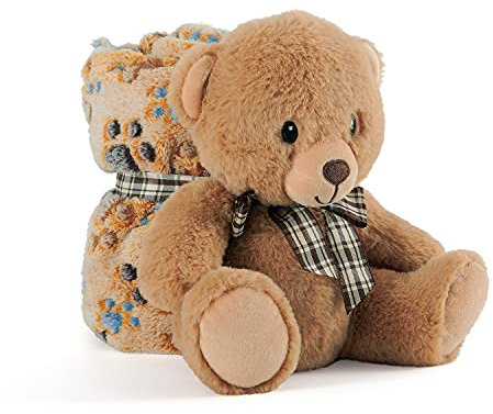 PERLETTI Coperta Neonato con Peluche Orso Animale Morbida e Calda - Mussola Bimbo Bimba 0 1 2 3 Anni con Pupazzo - Plaid Invernale Bambini Bambine Marrone con Fiocchetto - 120x80 cm (Orsetto)