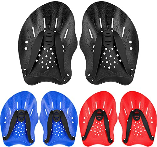 Skylety 3 Pairs Swim Paddles with Adjustable Straps, Red, Blue, Black