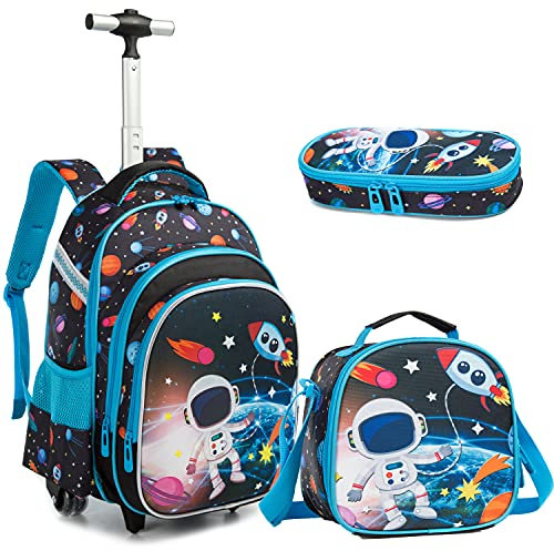 Rucksack Junge Schulranzen Trolley Schulrucksack Mädchen Teenager 3PCS 16” Kinder Schultrolley Geeignet für Schule und Reise Essensbeutel und Federmäppchen Blauer Astronauten Rollenrucksack