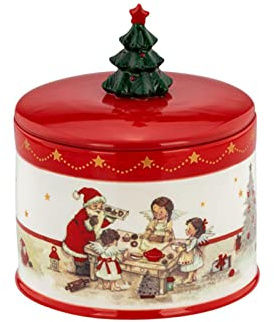 H.Bauer jun. Gebäckdose Keramik rot-weiß - 13,6 cm runde Keksdose mit Christbaum-Deckel, glatt & dekorativ - festliche Aufbewahrungsdose für Plätzchen, Gebäck, Weihnachten & Geschenkidee
