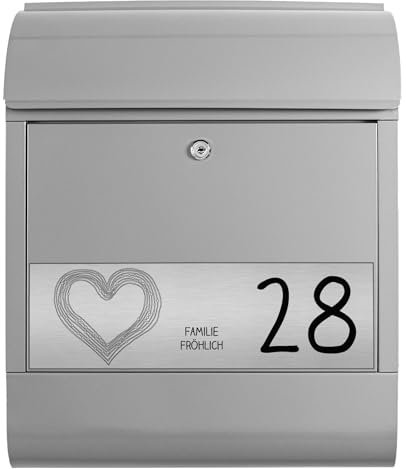 banjado Briefkasten personalisiert mit graviertem Namensschild in Edelstahl - Wandbriefkasten Silber - Postkasten mit Hausnummer, Namen & Motiv Herzbordüre - Briefkasten mit Zeitungsfach