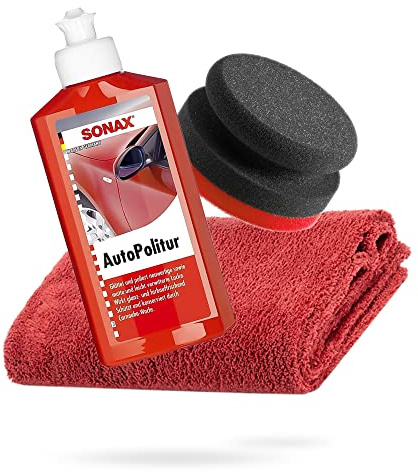 detailmate SONAX Handpolier Bundle - SONAX Autopolitur für Bunt- und Metalliclacke 250ml + detailmate Handpolierschwamm hart Ø90/50mm + Edgeless Mikrofaser Poliertuch 550GSM rot