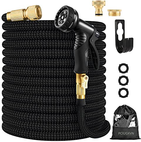 Flexibler Gartenschlauch Erweiterbarer Wasserschlauch mit 10-Brause Adapter aus Messing Aufhänger Bewässerung Gartenarbeit einziehbarer Schwerlastschlauch 4-lagiger Latexkern Anschluss(45M, Schwarz)