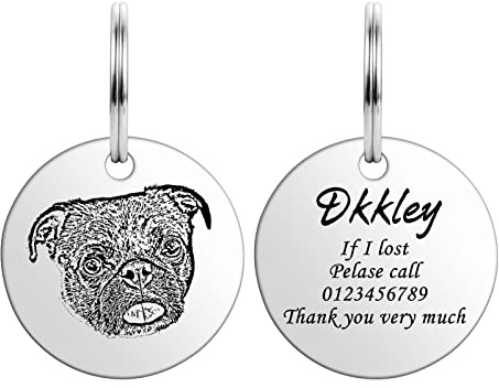 HooAMI Hundemarke mit Gravur,Runden Hundemarke Personalisiert Dog Tag mit Gravur Furzporträt Namensschilder Adressanhänger Hund für Hunde und Katzen（Silber,M)