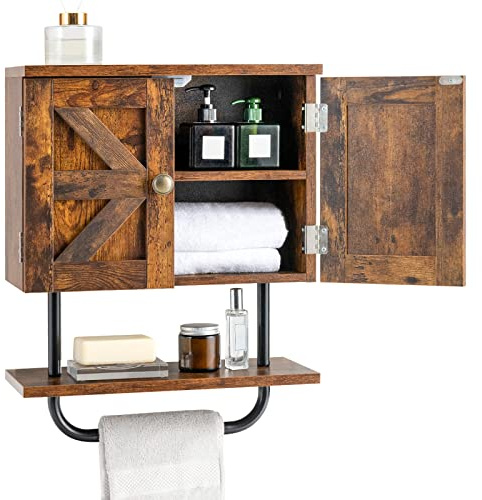COSTWAY Bathroom Wall Cabinet, Wooden Storage Cupboard with Double Door, Open Shelf & Towel Rack, Wall Mounted Medicine Cabinet Organizer Unit for Kitchen, Living Room and Hallway (Rustic Brown)