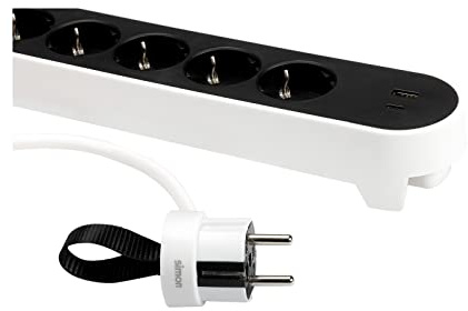 SIMON - Enchufe Múltiple, Regleta de Enchufe Plano, Ladrón de Enchufes con Interruptor de Luz, Ordenacables, 5 Tomas + 2USB, Quickcharge, Cable 1,4 m y Clavija Extraplana Lateral, Color Blanco y Negro