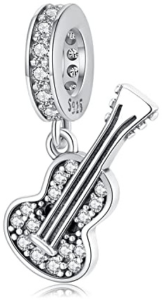 Les Folies Charm-Anhänger für Akustikgitarre, Musiker, Gitarristen, Konzert, aus 925er Silber, für Pandora, Sterling-Silber, Zirkonia