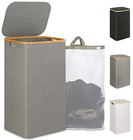 iEGrow Wäschekorb mit Deckel 110L, XL-Extra großer Wäschesammler mit Herausnehmbarer und Waschbarer Innentasche, Wäschekörbe für Waschküche, Schlafzimmer, Badezimmer (Grau)