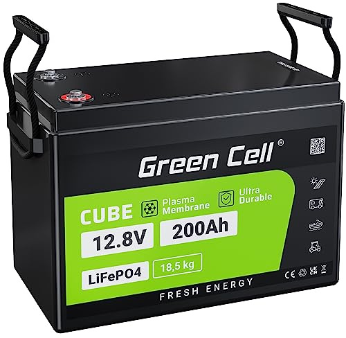 Green Cell LiFePO4 200Ah 12.8V Batterie 2560Wh Lithium Akku 12V Eingebautes BMS, 10 Jahre Lebensdauer, über 5500+ Zyklen, Perfekt für Wohnmobil, Solaranlage, Boot, Solar Off-Grid