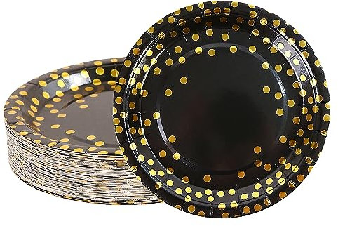 DHAIQC Lot de 50 Assiette Jetable Or Noir 17,8 cm, Kit Vaisselle Jetable Anniversaire Assiette Carton pour Barbecue Anniversaire ou Fête Baby Shower Mariages (Noir Or)