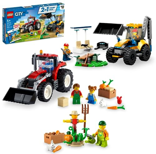 LEGO City Big Wheel Gift Set 66772, 2in1 Tractor and Construction Digger Building Toy Sets Plus Farm Garden & Scarecrow Bonus Pack, Great Gift for Boys and Girls Ages 5 and up