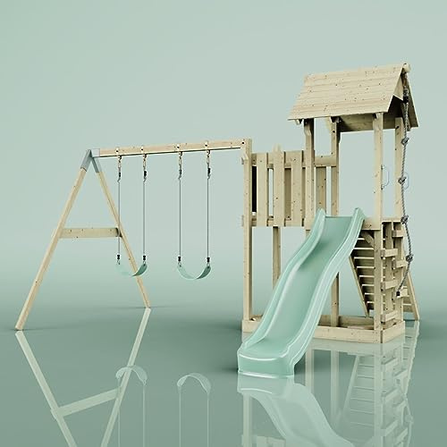 Rebo Spielturm mit Wellenrutsche und 2X Kinder-Schaukel, Outdoor Klettergerüst Garten mit Plattform,Mintgrün