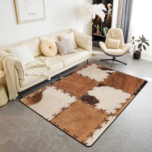Tapis 150x200 en Fourrure de Vache pour Salon Chambre À Coucher, Tapis Salon en Peau de Vache Patchwork pour Salle À Manger Patio, Tapis d'intérieur en Peau de Vache, Tapis de Sol Cow-Boy Occidental