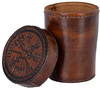 Ulfberth - Hochwertiger Wikinger Würfelbecher mit Deckel, Vegvisir Motiv, echtes Leder, Mittelalterlicher Lederbecher, LARP, Reenactment (Braun Vegvisir)