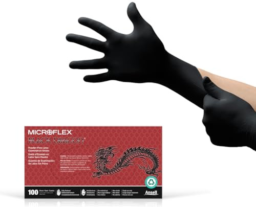 Ansell MICROFLEX Black Dragon BD-100L Heavy Duty 6.7 mil Latex Exam Gloves for Automotive, Food, Life Sciences, Healthcare, Size 9 (L), Black (Pack of 100)