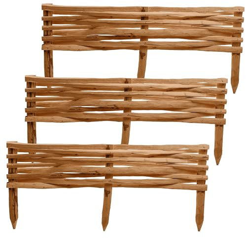 BOGATECO 3 vallas de jardín de madera de avellano, 90 cm x 20 cm, borde de césped, valla de madera, valla de estacas, valla de estacas, cercas para arriates, valla de inserción, perfecta como borde de