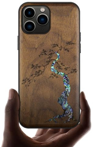 Carveit Etui pour iPhone 11 Pro de Coque [Bois et Incrustation de Coquille] Souple TPU de Téléphone Compatible avec Apple 11 Pro Étui (Noyer-Majesté Kiefer)