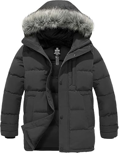 Wantdo Chaqueta de Invierno de Pluma para Hombre Impermeable Cortaviento de Longitud Media Versátil Abrigo con Capucha de Piel para Viajes Nieve Gris Foncé M
