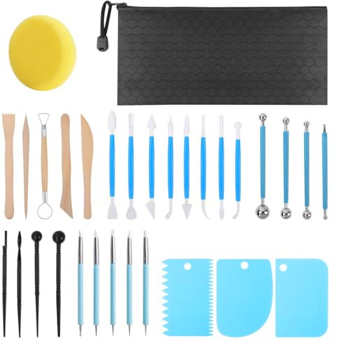 AULEEP 31 Stücke Töpferwerkzeug Set, Modellierwerkzeug DIY Keramik Werkzeug Grabstichel Kit Modellier Werkzeug Set mit Aufbewahrungstasche für DIY Kunsthandwerk Töpfer Künstler
