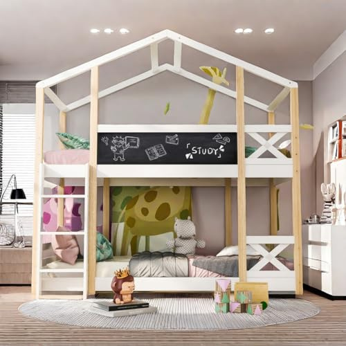 Sapgaks Lit cabane Enfants 90x200 Lit superposé Enfant lit Double lit Simple, Protection Anti Chute, cabane dans Les Arbres, lit Mezzanine pour Enfants avec rangemen, Naturel et Blanc