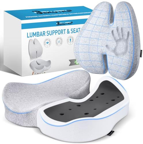BEAUTRIP Seat Cushion & Lumbar Support Pillow for Office Chair, Car & Wheelchair - Ergonomic Coccyx Cushion for Tailbone, Sciatica & Back Pain Relief - Extra-Dense Charcoal Memory Foam Chair Cushions