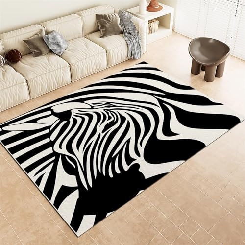 Schwarz Teppich 80 x 150 cm Wohnzimmer Mit Tierische Zebra Textur Muster,Bettvorleger Schlafzimmer Deko - waschbare ultraweiche Teppich Kurzflor rutschfest